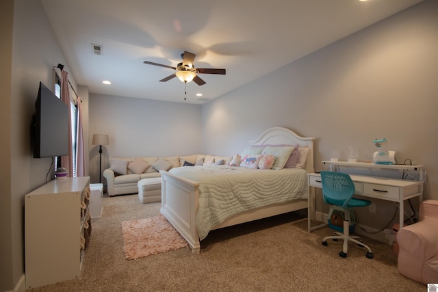 bedroom with recessed lighting, visible vents, light colored carpet, and ceiling fan