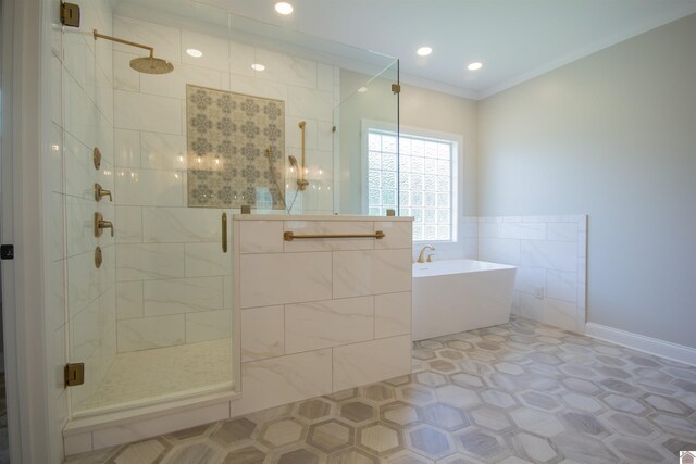 165 Valor Ct, Paducah, KY 42003 - full bathroom featuring a freestanding bath, a stall shower, tile walls, ornamental molding, and recessed lighting