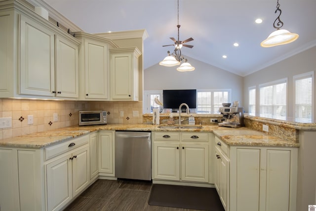 kitchen featuring a sink, light stone counters, backsplash, dishwasher, and vaulted ceiling