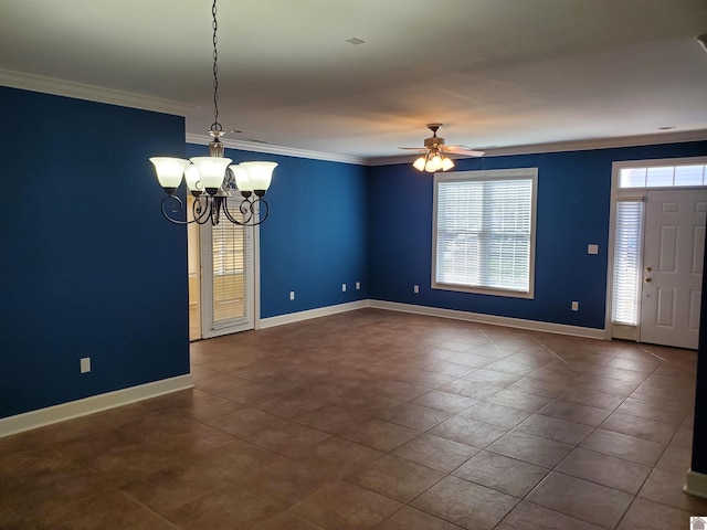 interior space featuring baseboards, dark tile patterned flooring, ornamental molding, and ceiling fan with notable chandelier