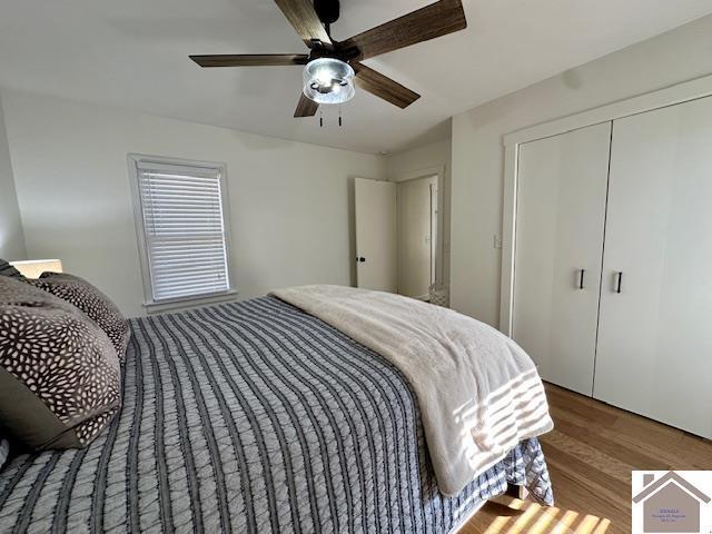 bedroom with a closet, ceiling fan, and wood finished floors