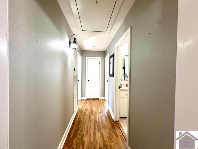 hallway featuring light wood-type flooring, baseboards, and attic access