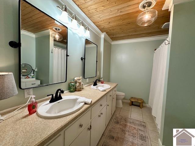 full bath with tile patterned floors, wooden ceiling, crown molding, and a sink