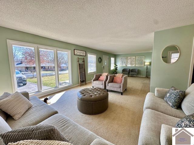 living room with carpet floors and a textured ceiling