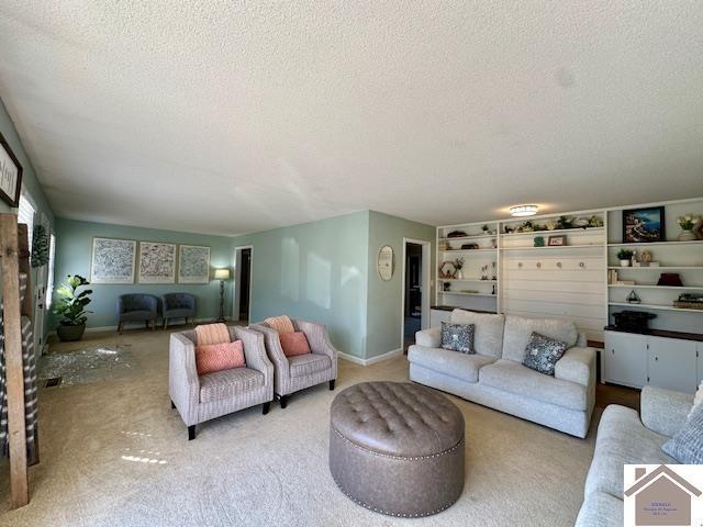 living room with baseboards and a textured ceiling