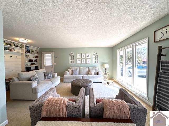 living room with a textured ceiling and carpet flooring