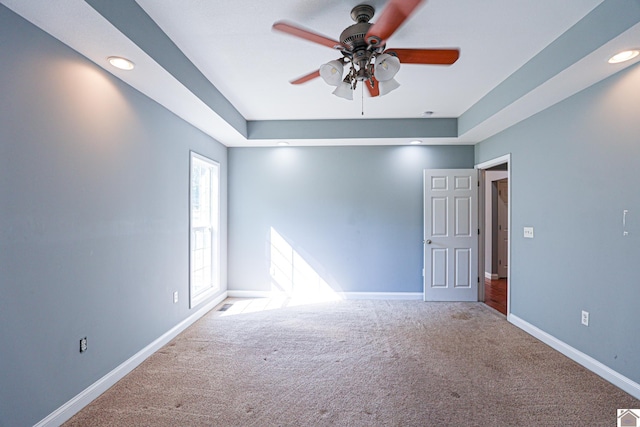 carpeted empty room with recessed lighting, baseboards, and a ceiling fan