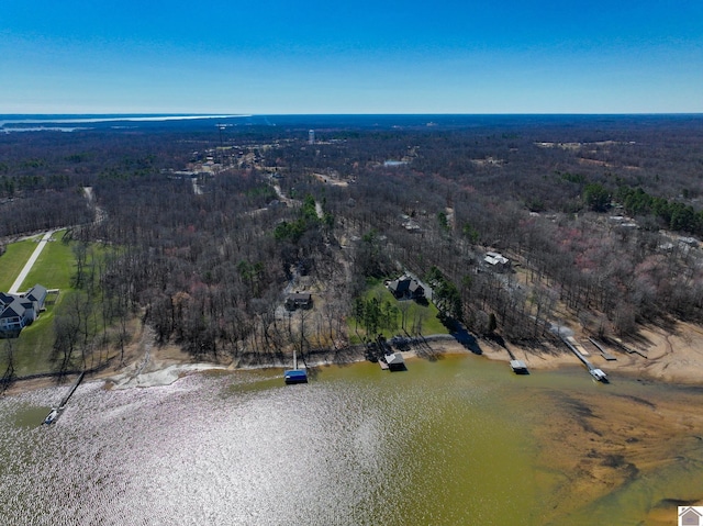 drone / aerial view with a water view and a wooded view