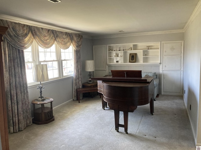 living area with light carpet, crown molding, and baseboards