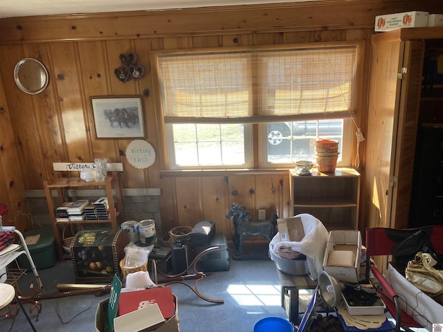 interior space featuring carpet and wood walls