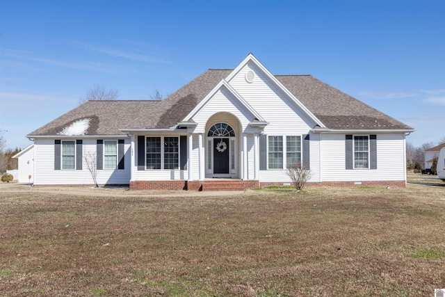 single story home featuring a shingled roof, a front lawn, and crawl space