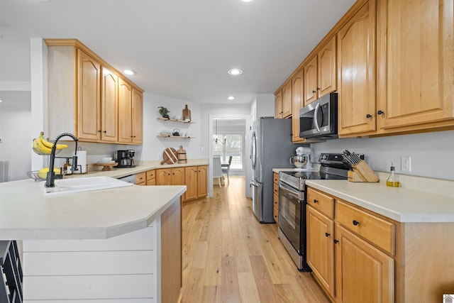 kitchen featuring light wood finished floors, a peninsula, open shelves, a sink, and stainless steel appliances