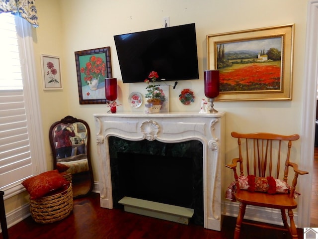 sitting room with a high end fireplace and wood finished floors