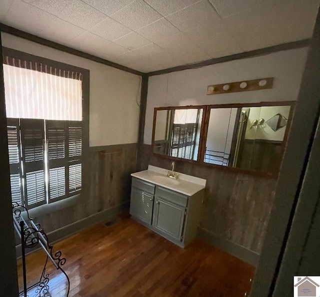 bathroom featuring a wainscoted wall, vanity, and wood finished floors