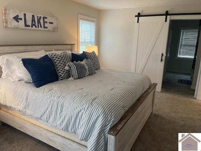 bedroom featuring a barn door and carpet