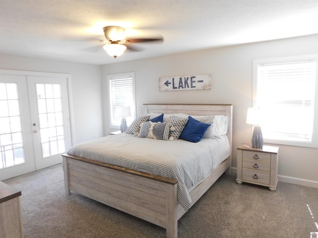 carpeted bedroom with french doors, baseboards, and a ceiling fan