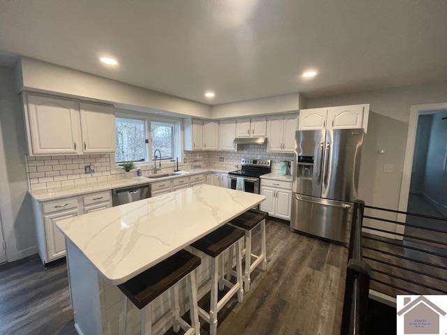 kitchen with white cabinets, dark wood-style floors, appliances with stainless steel finishes, and a sink