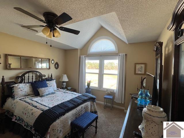 bedroom featuring multiple windows, a textured ceiling, carpet, and vaulted ceiling