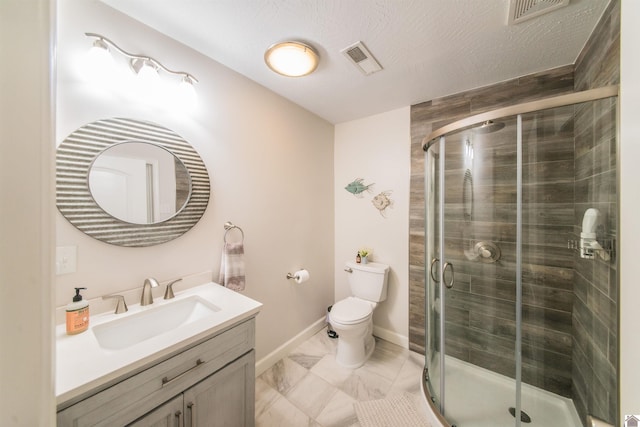 full bathroom with visible vents, a shower stall, toilet, and vanity