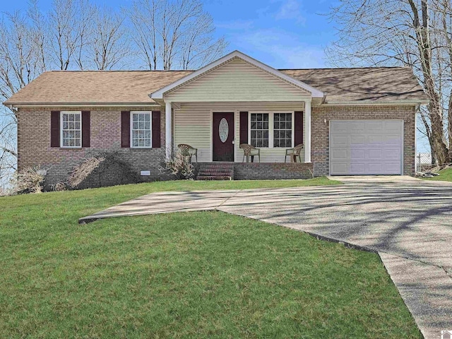 ranch-style house featuring aphalt driveway, a garage, brick siding, and crawl space