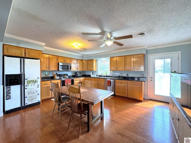 kitchen with ornamental molding, a ceiling fan, dark countertops, dark wood-style floors, and stainless steel appliances