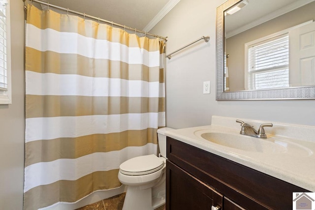 full bath featuring curtained shower, toilet, vanity, and ornamental molding