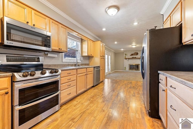 kitchen with light brown cabinetry, a sink, stainless steel appliances, and ornamental molding