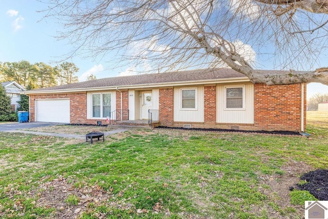 single story home featuring aphalt driveway, a front yard, brick siding, and an attached garage