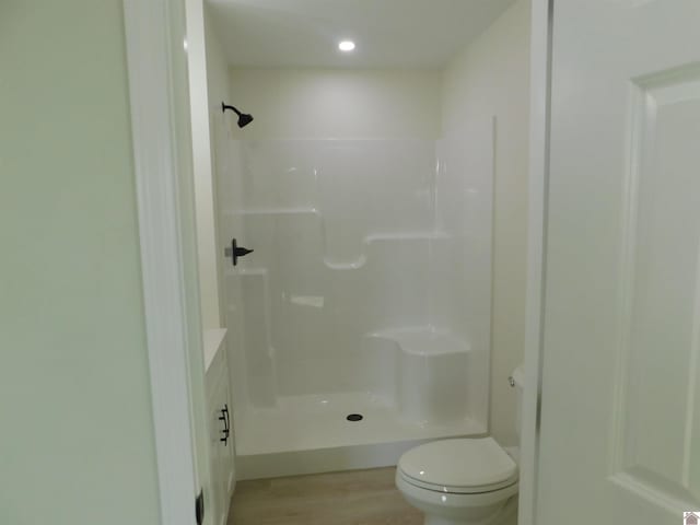 bathroom with vanity, toilet, wood finished floors, and walk in shower