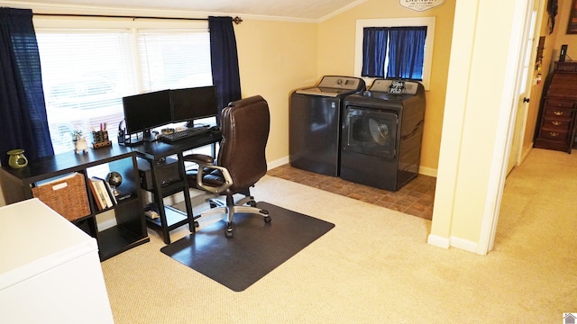 434 W Bellville St, Marion, KY 42064 - carpeted home office featuring lofted ceiling, baseboards, independent washer and dryer, and ornamental molding