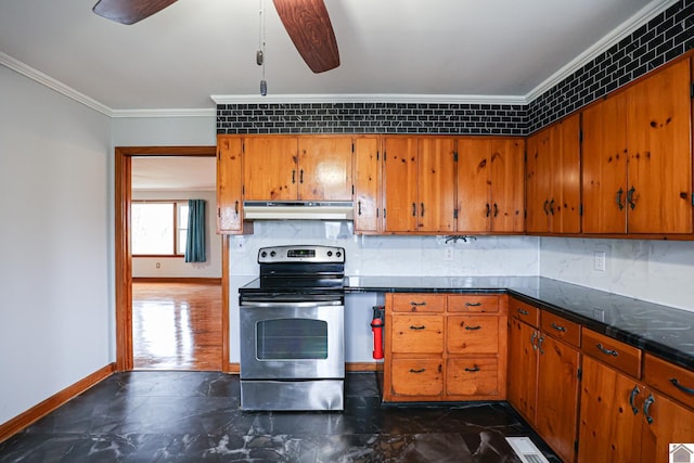kitchen with under cabinet range hood, stainless steel electric range, brown cabinetry, and ornamental molding