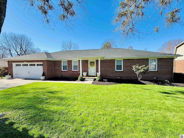 ranch-style house with crawl space, a front yard, a garage, and concrete driveway