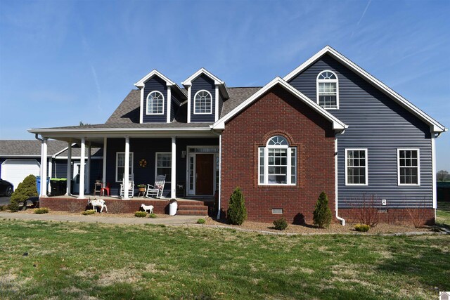view of front of house featuring brick siding, a porch, crawl space, and a front lawn