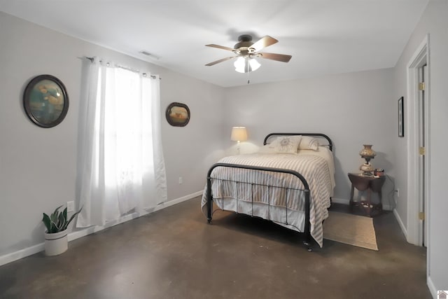 bedroom with baseboards, finished concrete flooring, visible vents, and a ceiling fan