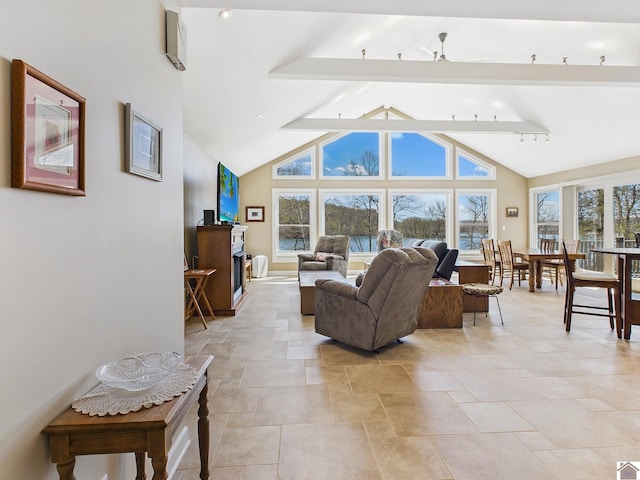 living room with high vaulted ceiling, a ceiling fan, and beam ceiling