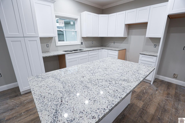 kitchen featuring light stone counters, dark wood-style flooring, and crown molding