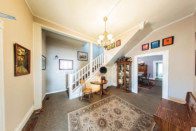 802 Jefferson St, Paducah, KY 42001 - interior space with baseboards, carpet, an inviting chandelier, and stairs