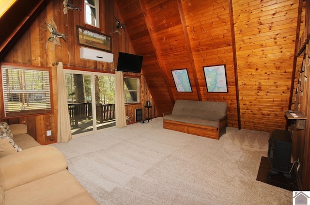 carpeted living area with a wood stove, wood ceiling, wooden walls, beamed ceiling, and high vaulted ceiling