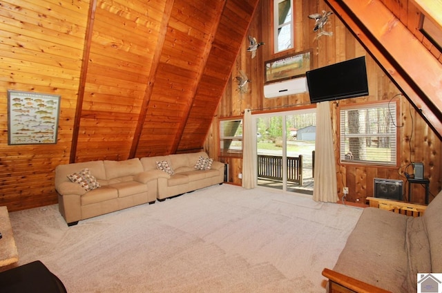 carpeted living room with wooden walls, beamed ceiling, high vaulted ceiling, and wooden ceiling