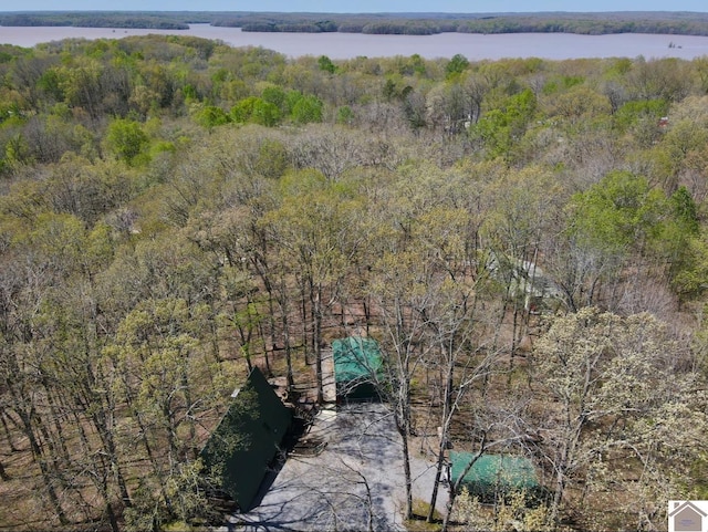 aerial view featuring a wooded view and a water view