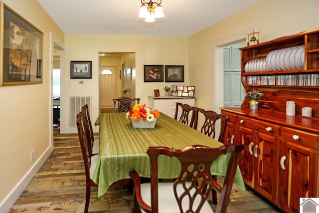 dining room with visible vents, baseboards, and dark wood finished floors