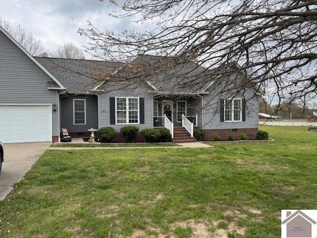 198 Smith Ln, Mayfield, KY 42066 - ranch-style home with a front yard, an attached garage, crawl space, concrete driveway, and roof with shingles