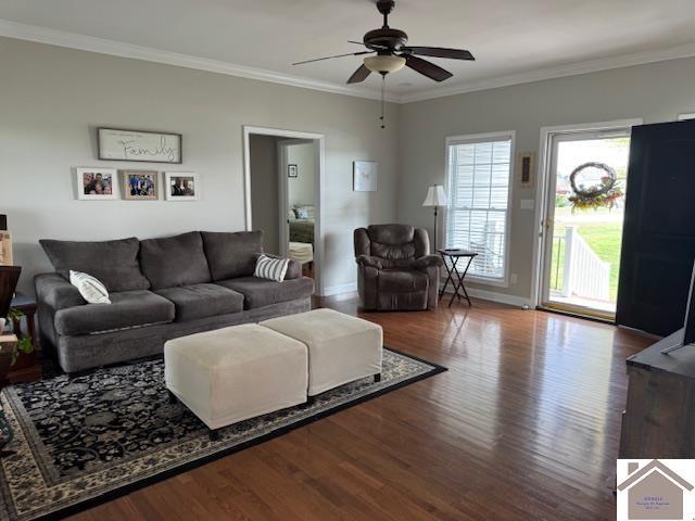 198 Smith Ln, Mayfield, KY 42066 - living area featuring crown molding, baseboards, a ceiling fan, and wood finished floors