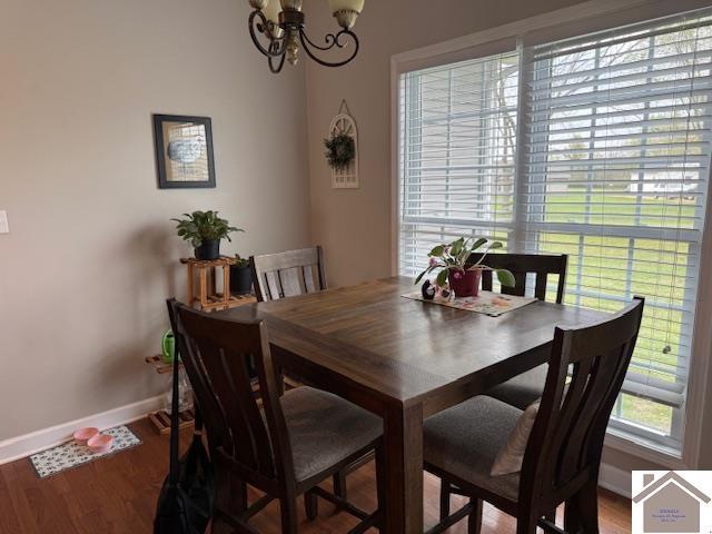 198 Smith Ln, Mayfield, KY 42066 - dining space with baseboards, an inviting chandelier, and wood finished floors