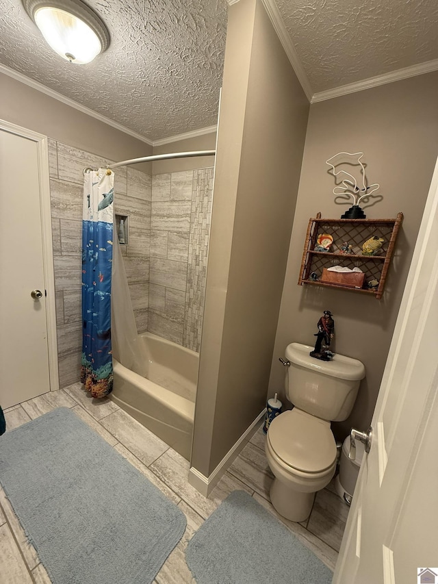 6060 State Route 94 W, Murray, KY 42071 - full bathroom featuring shower / bathtub combination with curtain, a textured ceiling, crown molding, and toilet