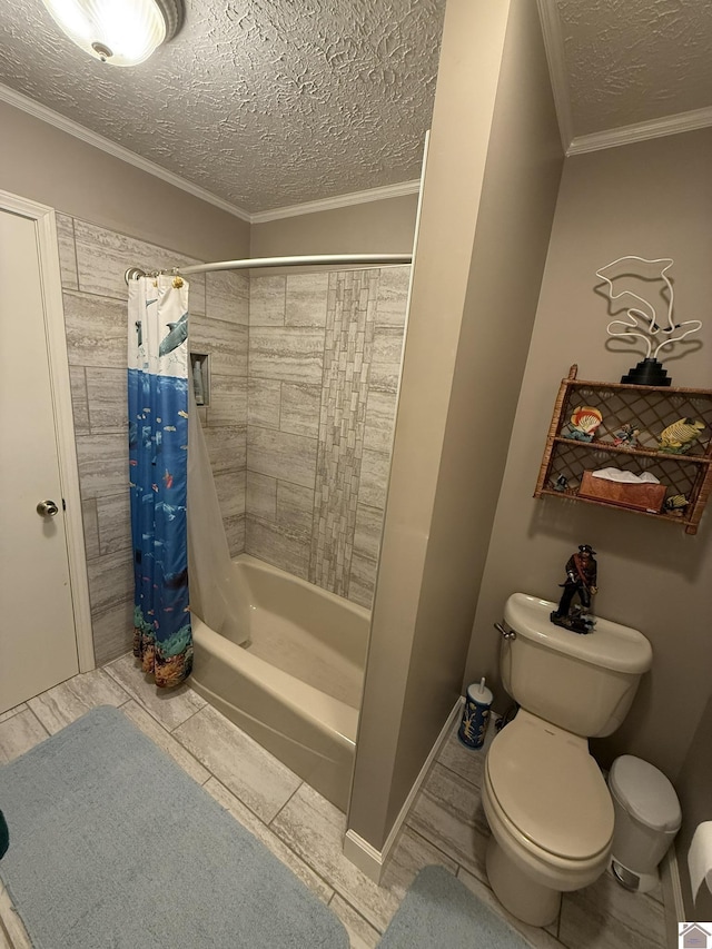 6060 State Route 94 W, Murray, KY 42071 - bathroom with shower / tub combo with curtain, a textured ceiling, crown molding, and toilet