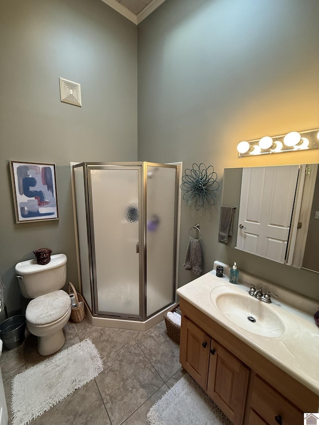 6060 State Route 94 W, Murray, KY 42071 - bathroom with vanity, ornamental molding, a stall shower, toilet, and visible vents