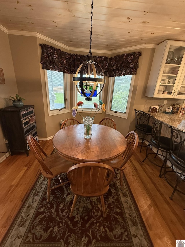 6060 State Route 94 W, Murray, KY 42071 - dining space featuring ornamental molding, a chandelier, wood ceiling, wood finished floors, and baseboards