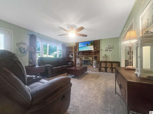 201 Blue River Rd, Cadiz, KY 42211 - living room featuring carpet floors, a ceiling fan, plenty of natural light, and a brick fireplace