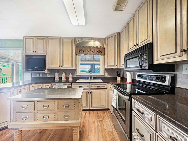 201 Blue River Rd, Cadiz, KY 42211 - kitchen featuring black microwave, light wood-style flooring, visible vents, stainless steel electric stove, and a sink